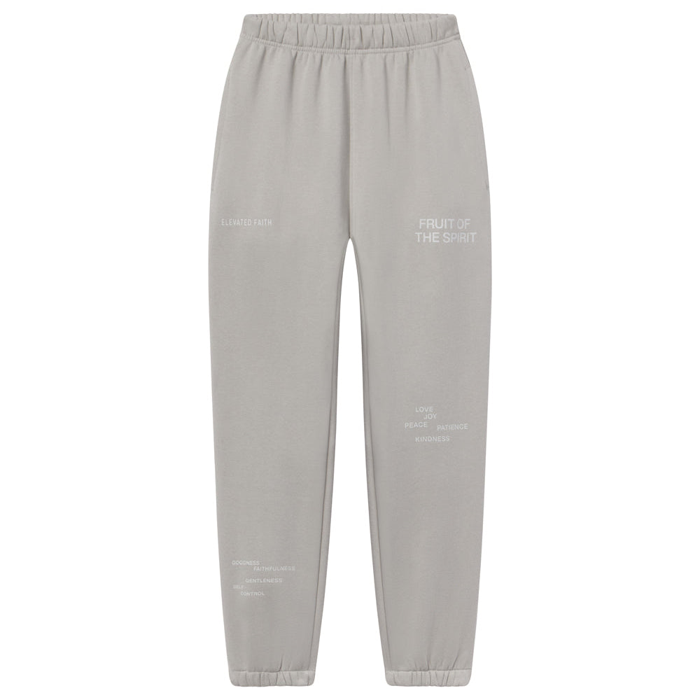 Gray sweatpants with text on a white background