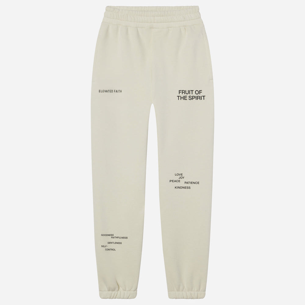 Beige sweatpants with text on a white background