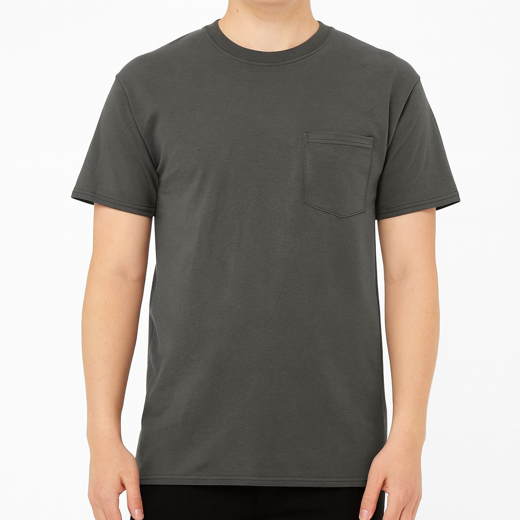 Male model wearing a charcoal gray Gildan G530 Heavy Cotton Pocket T-Shirt on a neutral background — classic unisex blank ideal for custom printing by Lumiere Vive.