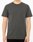 Male model wearing a charcoal gray Gildan G530 Heavy Cotton Pocket T-Shirt on a neutral background — classic unisex blank ideal for custom printing by Lumiere Vive.