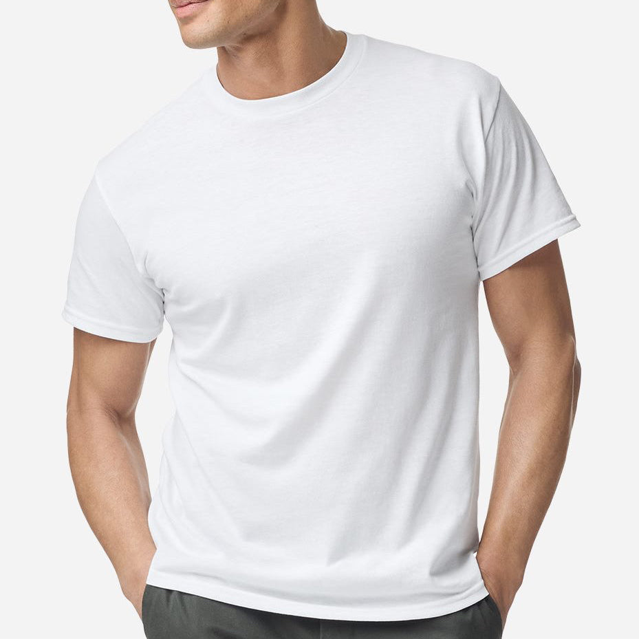 Male model wearing a classic white Gildan Heavy Cotton T-Shirt with a relaxed unisex fit, ideal for DTF printing and custom designs by Lumiere Vive.