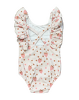 Girl's Ruffle Sleeve Cross Back Swimsuit