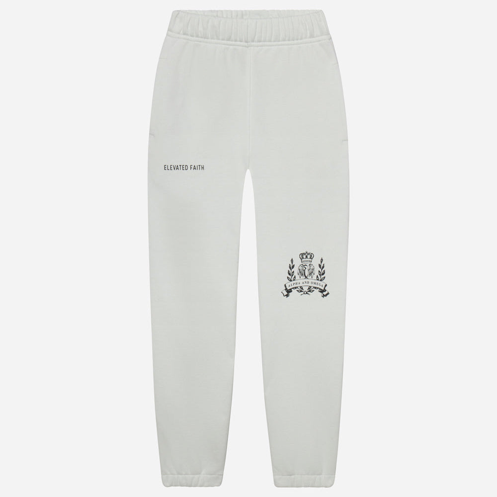 Light gray sweatpants with a logo on a white background