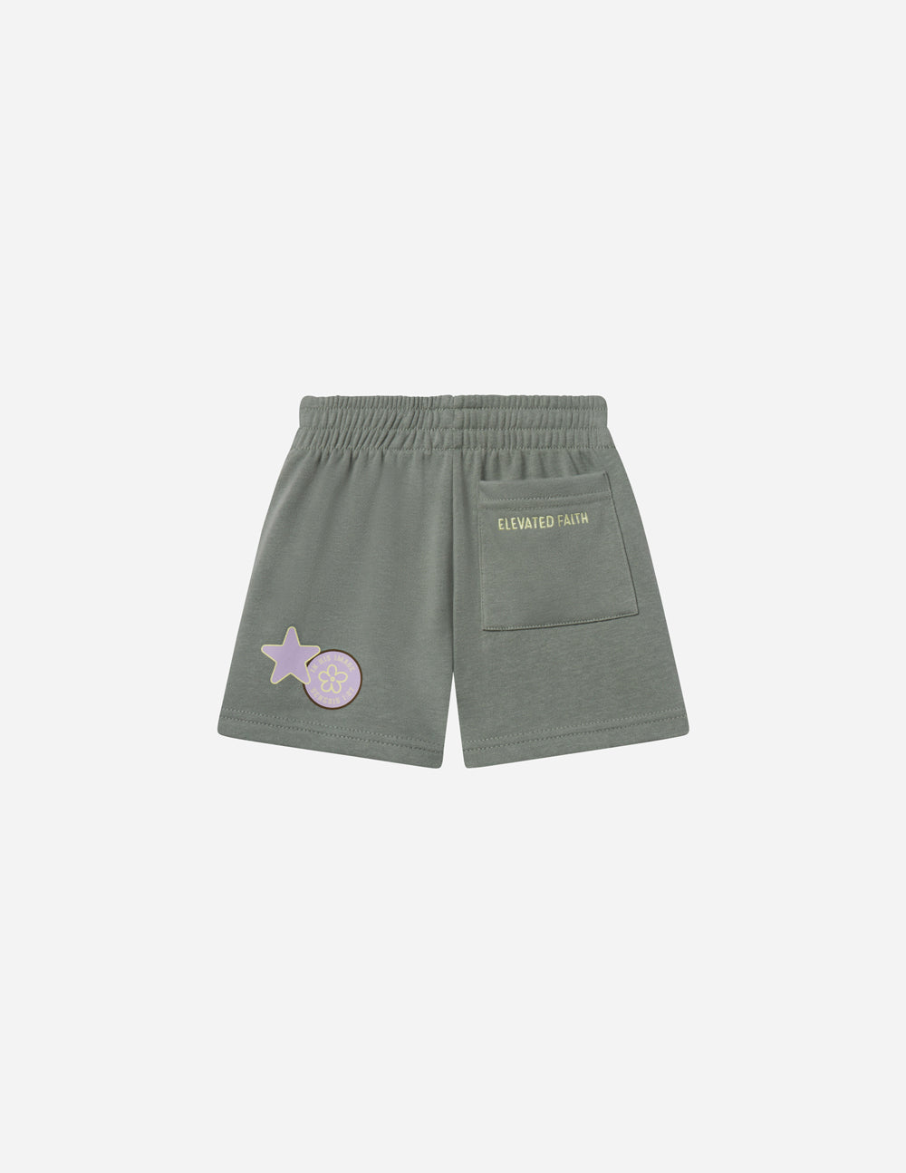 Back view of Millstone Grey God Made Me kids shorts showing pastel graphics and back pocket