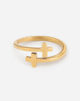 Gold-tone Wrapped Double Cross Ring with two crosses at the ends of an open wraparound band