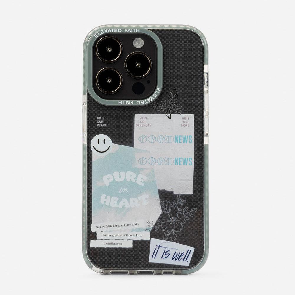 Phone case with text and graphics on a white background