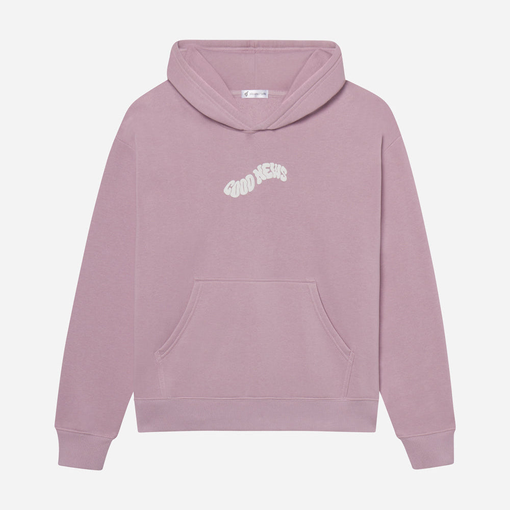 Pink hoodie with a logo on a light gray background