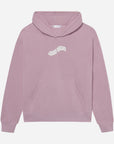 Pink hoodie with a logo on a light gray background