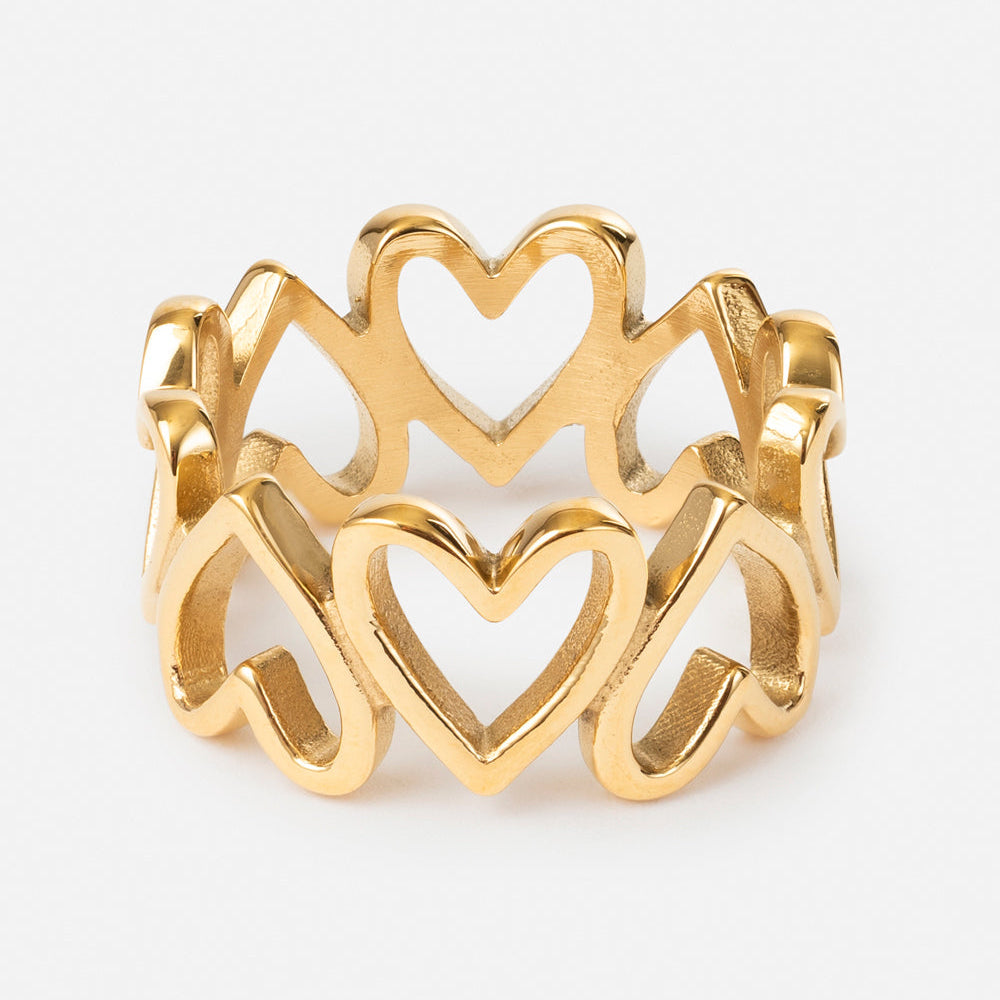 Gold ring with heart designs on a white background