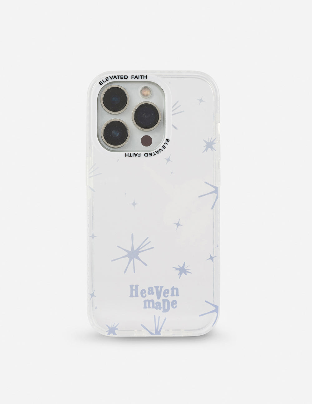 Heaven Made iPhone Case with delicate pale starbursts and lettering shown on a light-colored phone