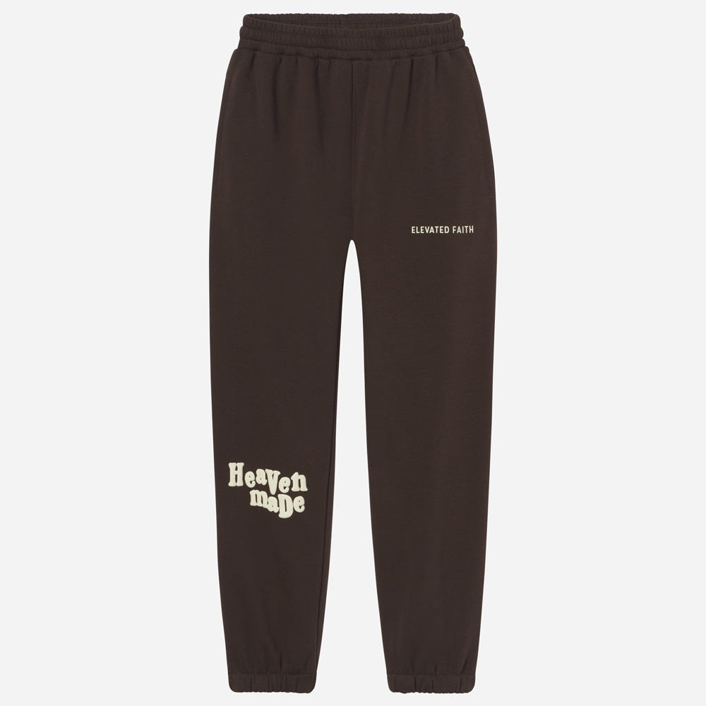 Brown sweatpants with text on a white background
