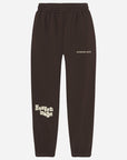 Brown sweatpants with text on a white background