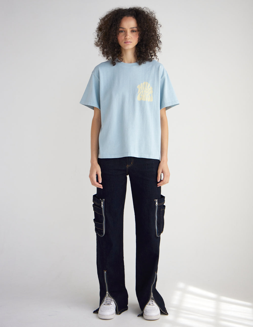 Front view of the Holy Ghost Sterling Blue heavyweight tee showing its structured fit