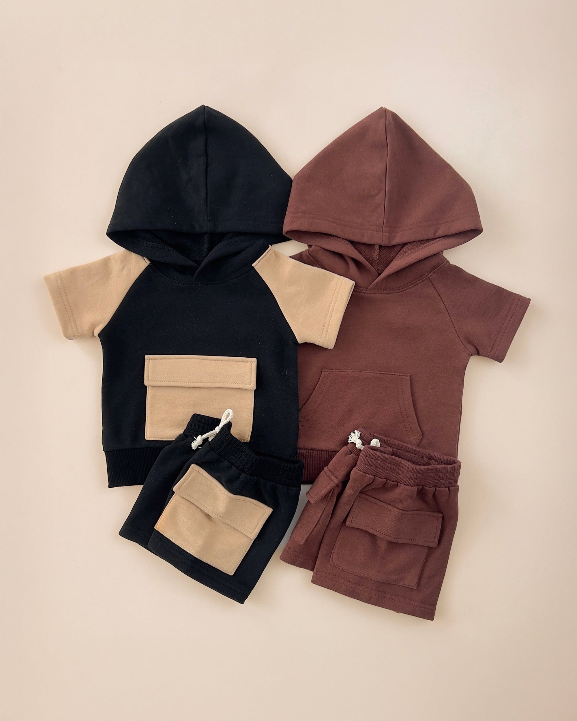 Black Tan Terry Cargo Shorts Set Kids Outfit