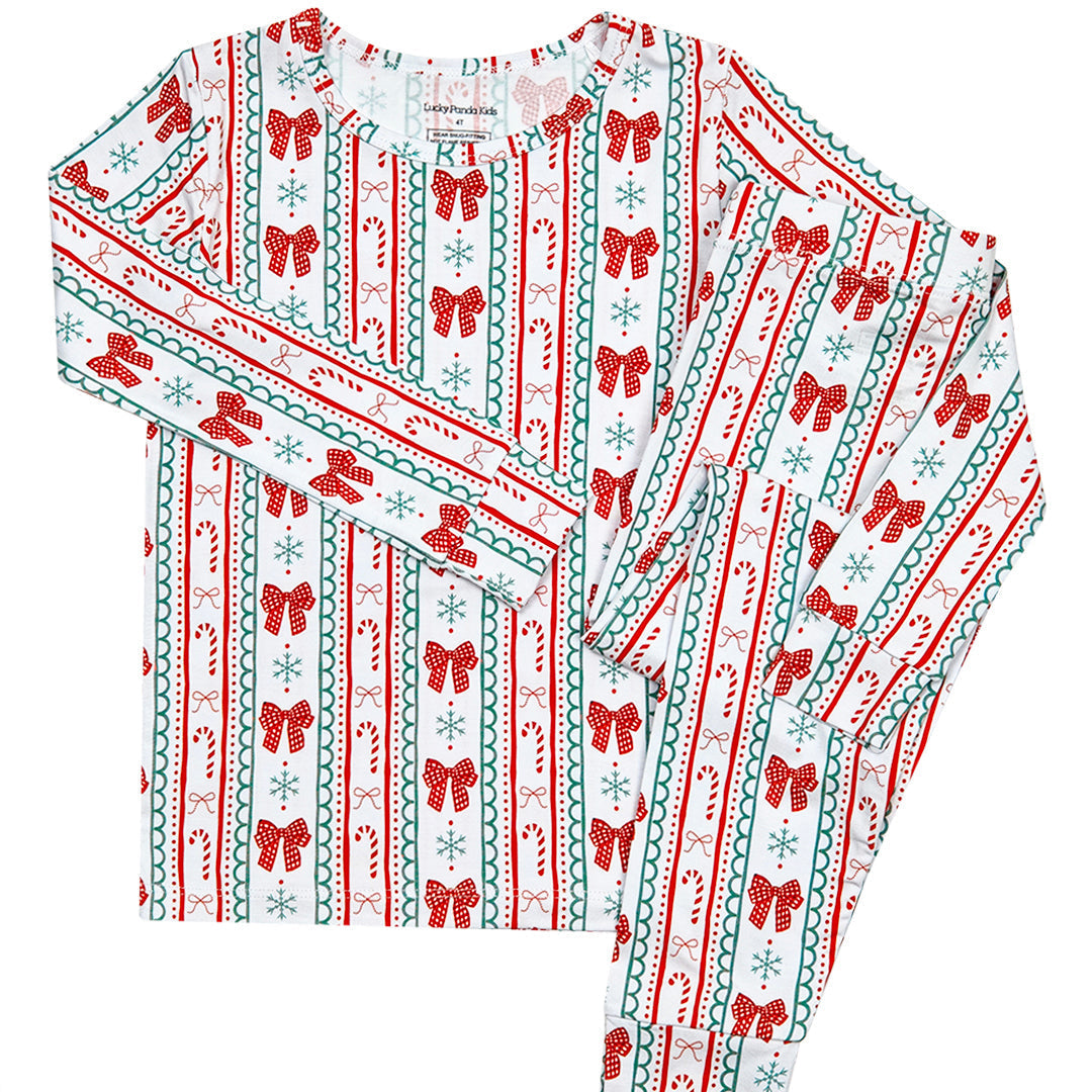 Long-sleeve shirt with Christmas-themed pattern on a white background