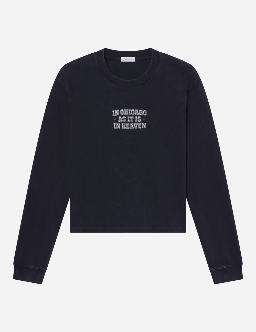 Front product view of Jet Black long sleeve tee with small Chicago chest lettering