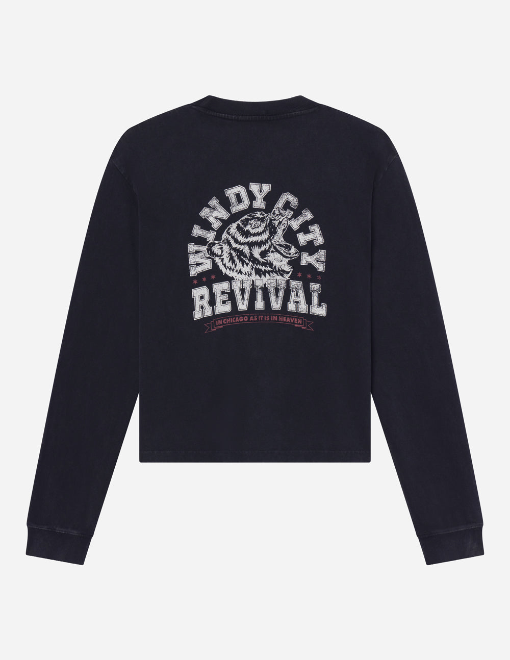 Back product view of Jet Black long sleeve tee with Windy City Revival graphic