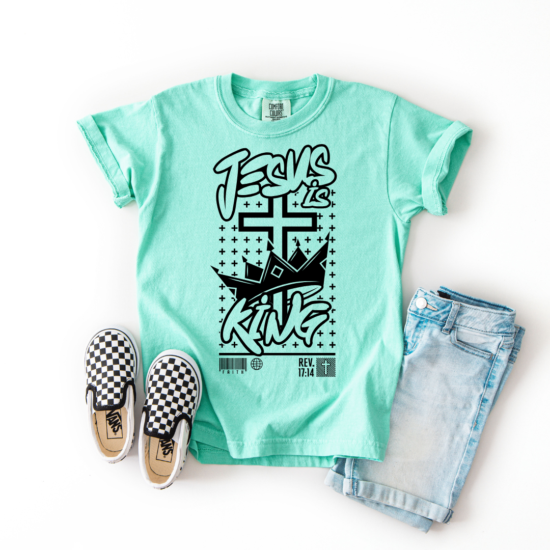 Jesus Is King – Youth Christian T-Shirt with Crown &amp; Cross