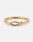 Jesus Fish Gold-Tone Ring with an open fish outline and slender band on a white background