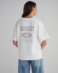 Back view of the White Sand Jesus Is for Everyone T-shirt with grey lettering and a linked-people illustration