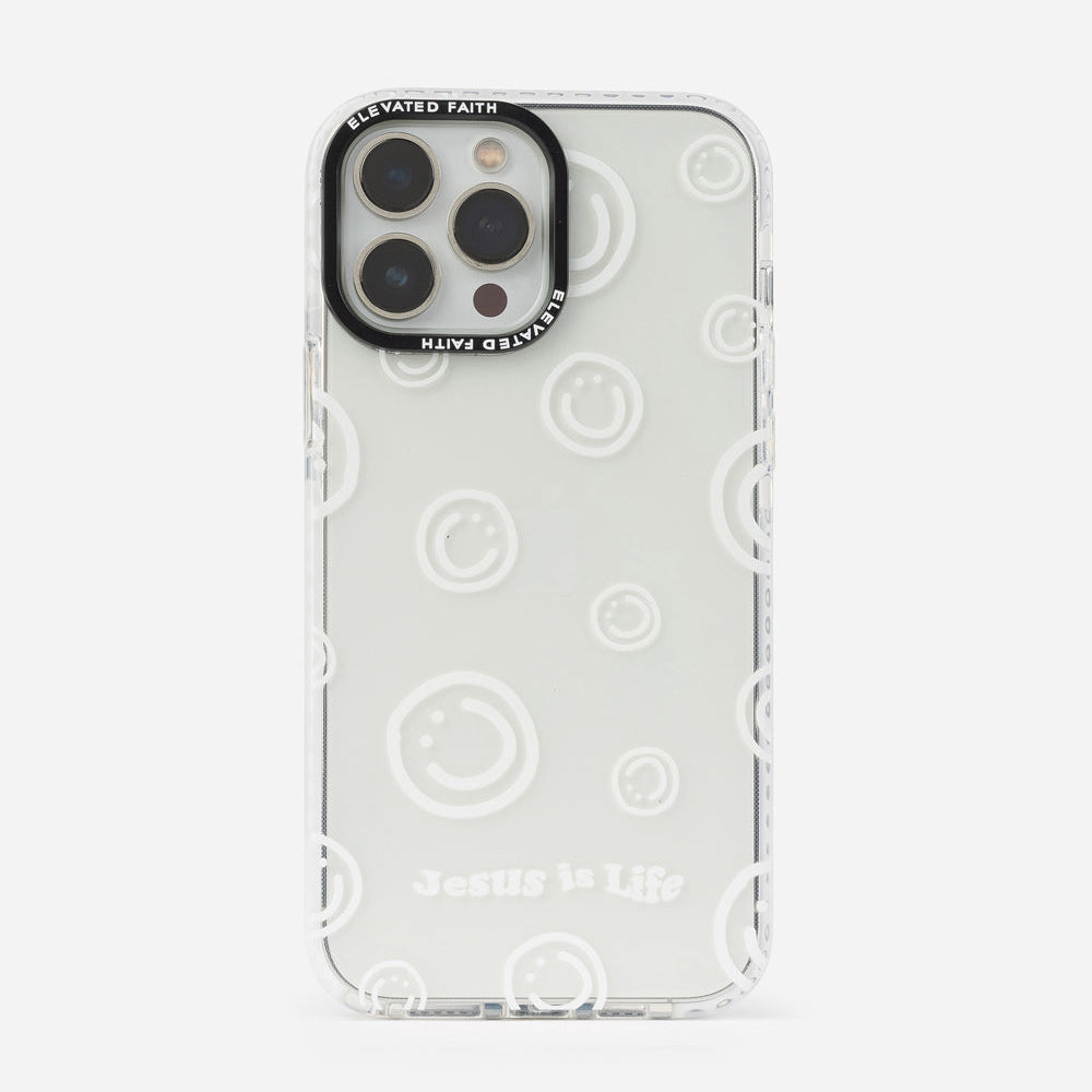 Clear phone case with circular patterns and brand name on a white background