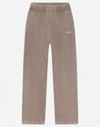 Beige pants with a brand logo on a white background