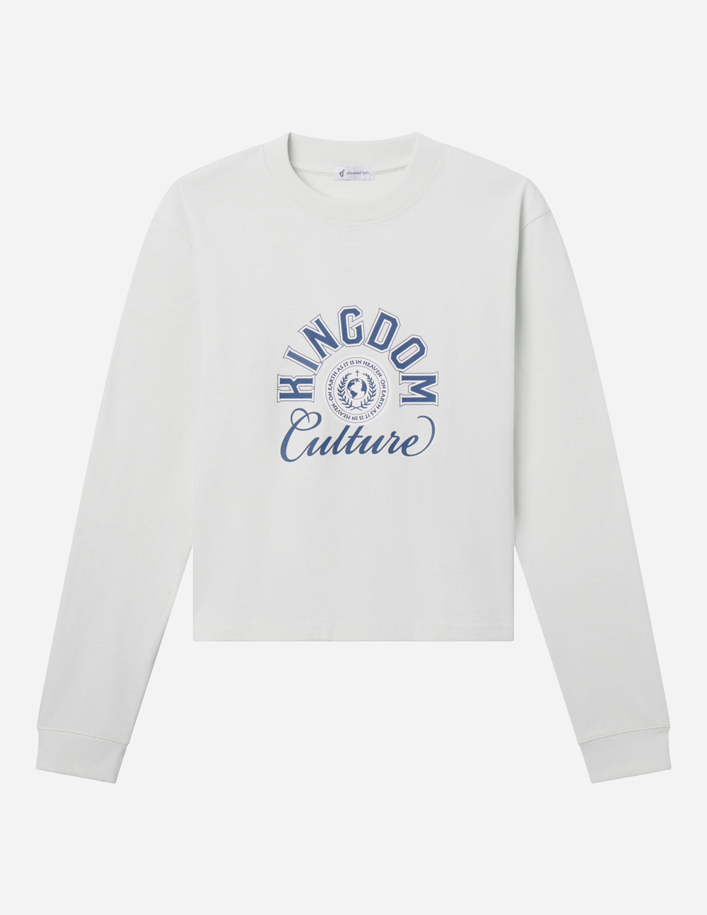 Kingdom Culture long sleeve tee displayed alone, showing its crew neckline, blue graphic, and ribbed cuffs.
