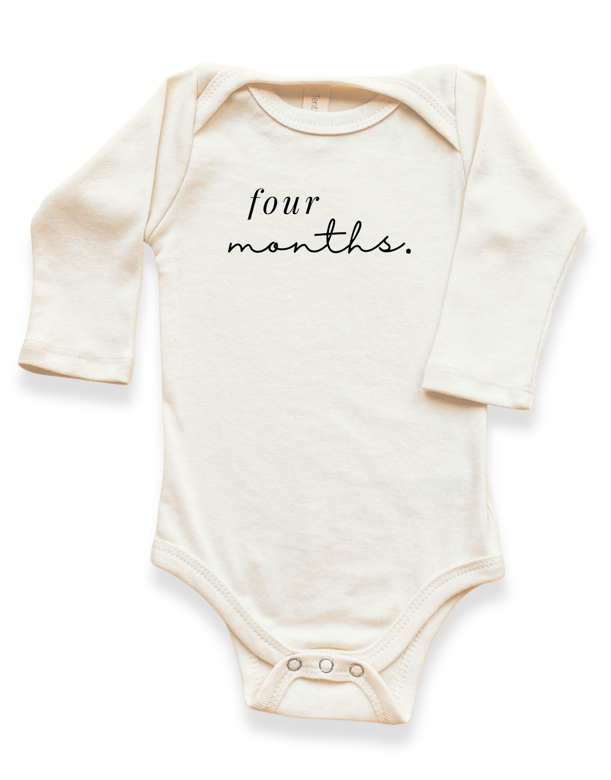 Cream organic cotton long sleeve baby bodysuit with four months lettering.