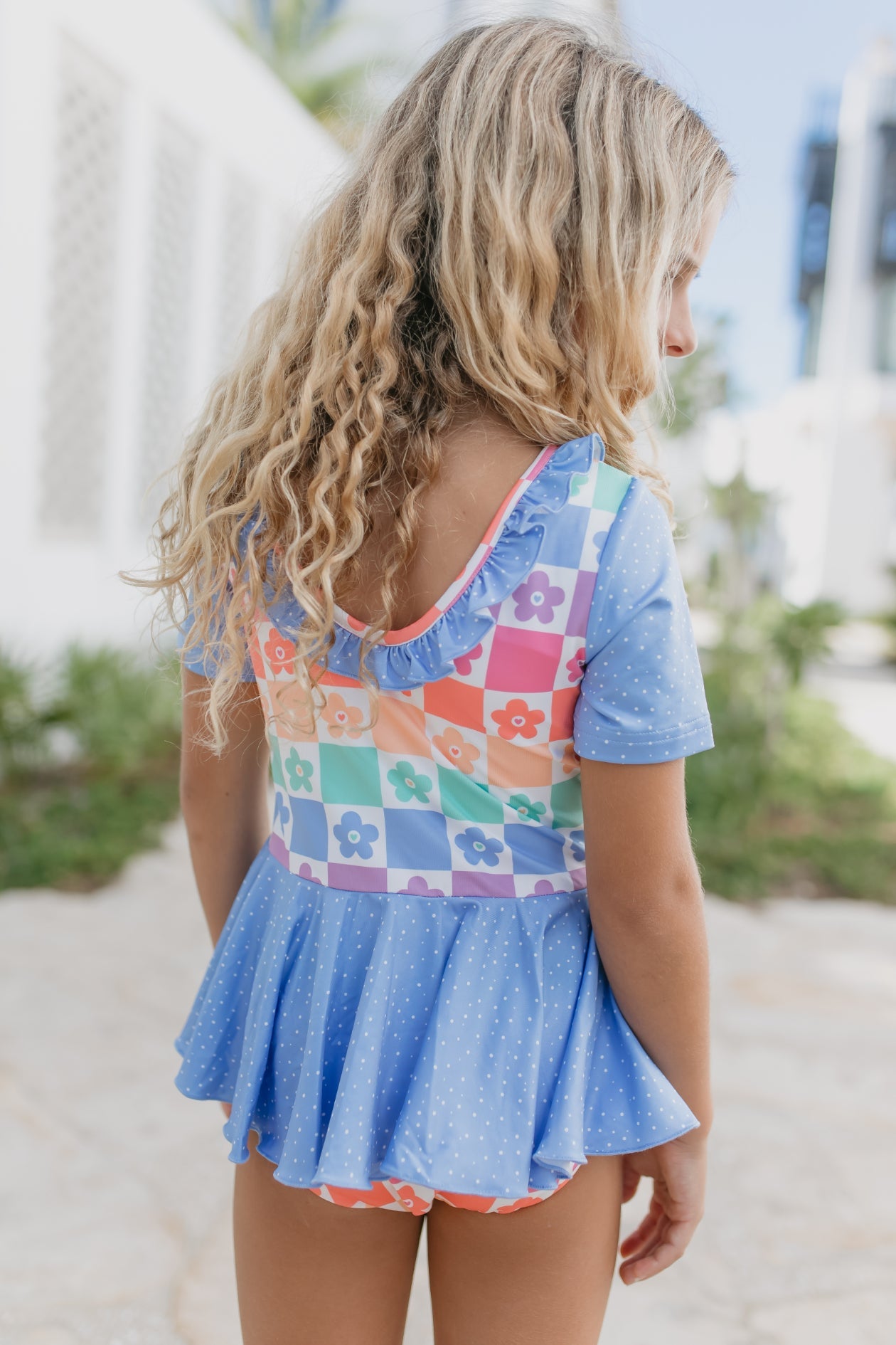 Blue Flower Check Skirted Leotard | Girls Dance &amp; Gymnastics Leotard