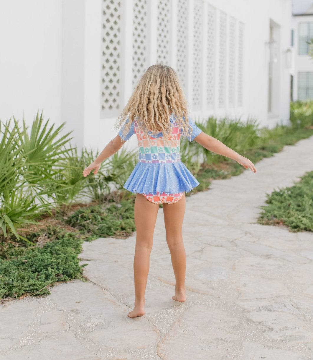 Blue Flower Check Skirted Leotard | Girls Dance &amp; Gymnastics Leotard