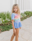 Blue Flower Check Skirted Leotard | Girls Dance & Gymnastics Leotard
