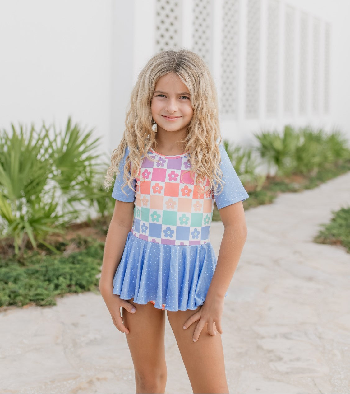 Blue Flower Check Skirted Leotard | Girls Dance &amp; Gymnastics Leotard