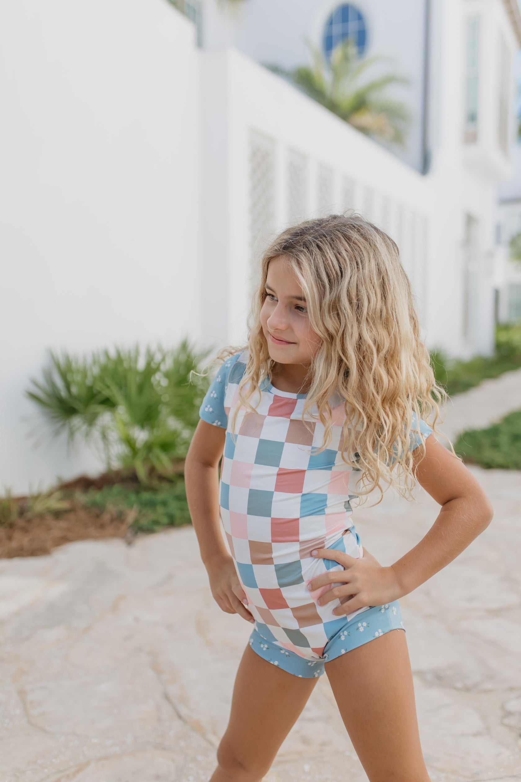 Dusty Blue Check Leotard | Girls Dance Gymnastics Leotard