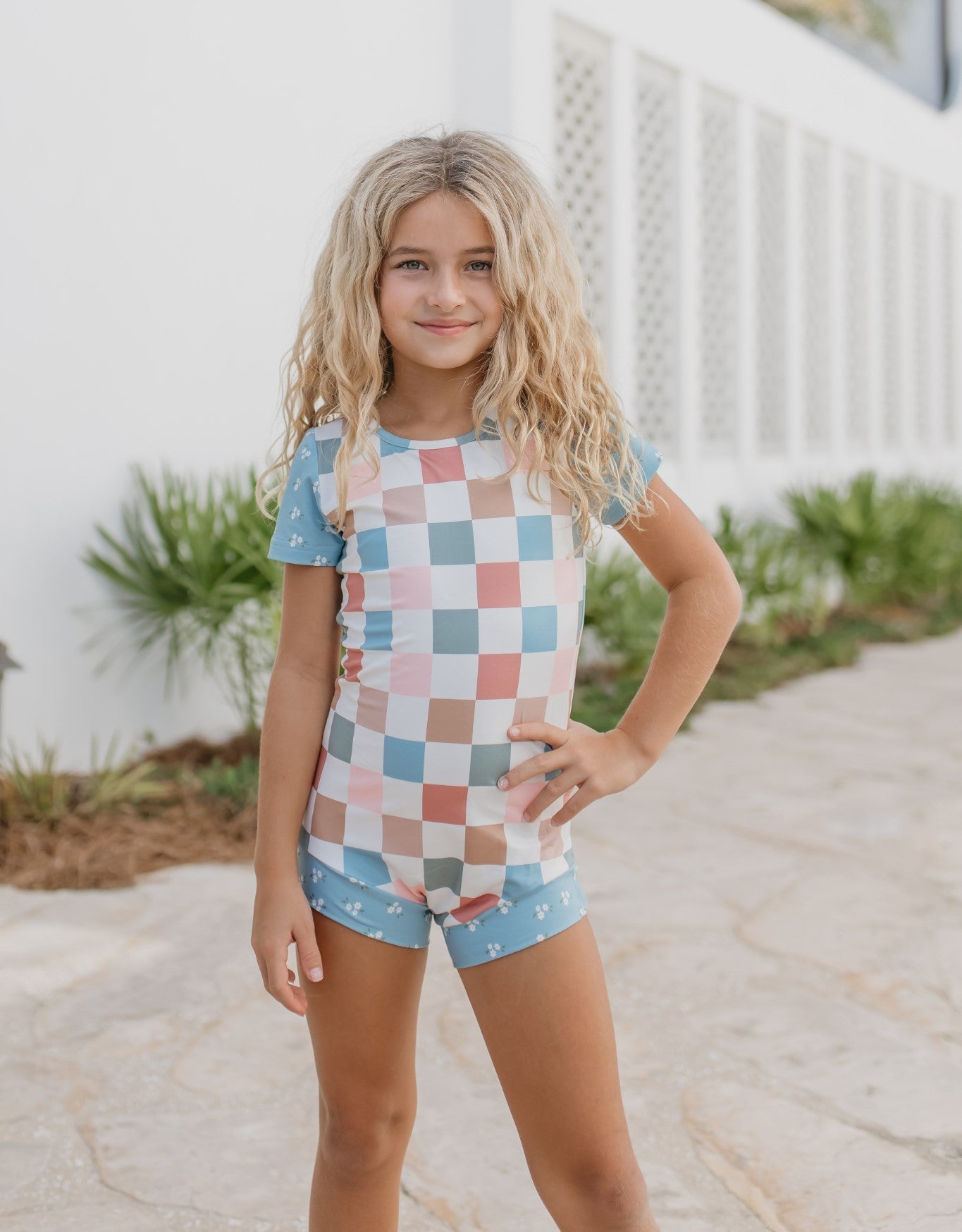 Dusty Blue Check Leotard | Girls Dance Gymnastics Leotard