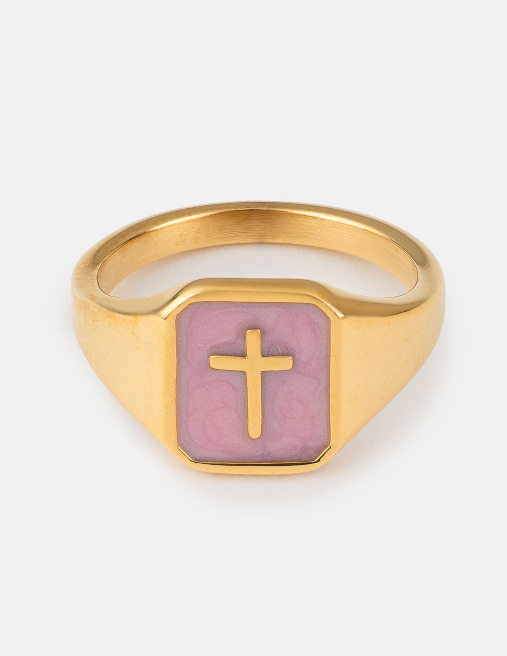 Lilac Enamel Cross Ring with a gold-tone band and raised cross on a lilac signet face