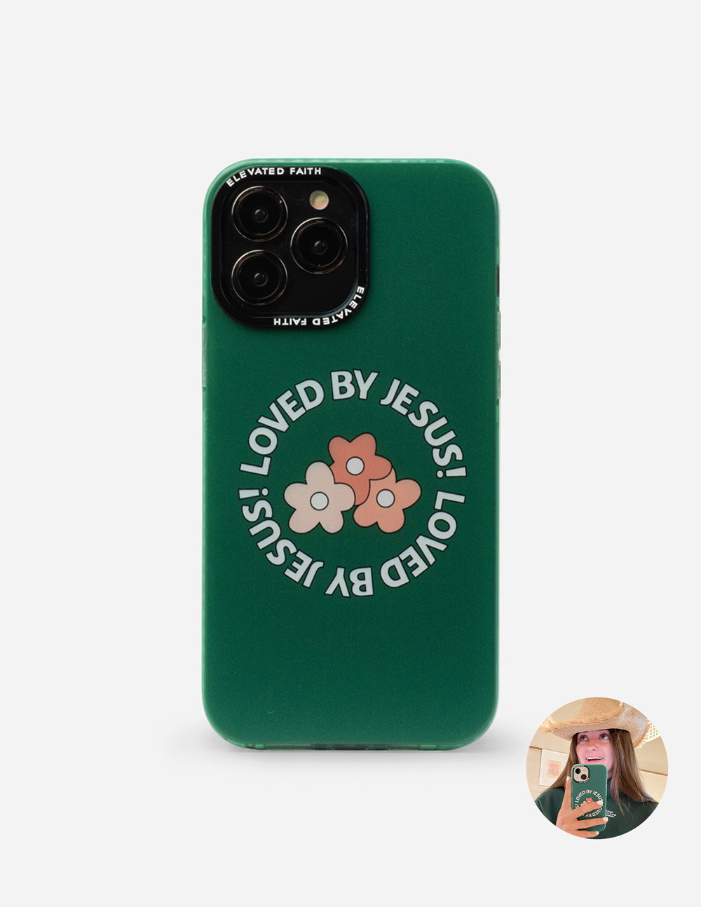 Green Loved by Jesus iPhone case with pink and cream flowers and circular lettering from the Elevated Faith x Bryn Sato collaboration