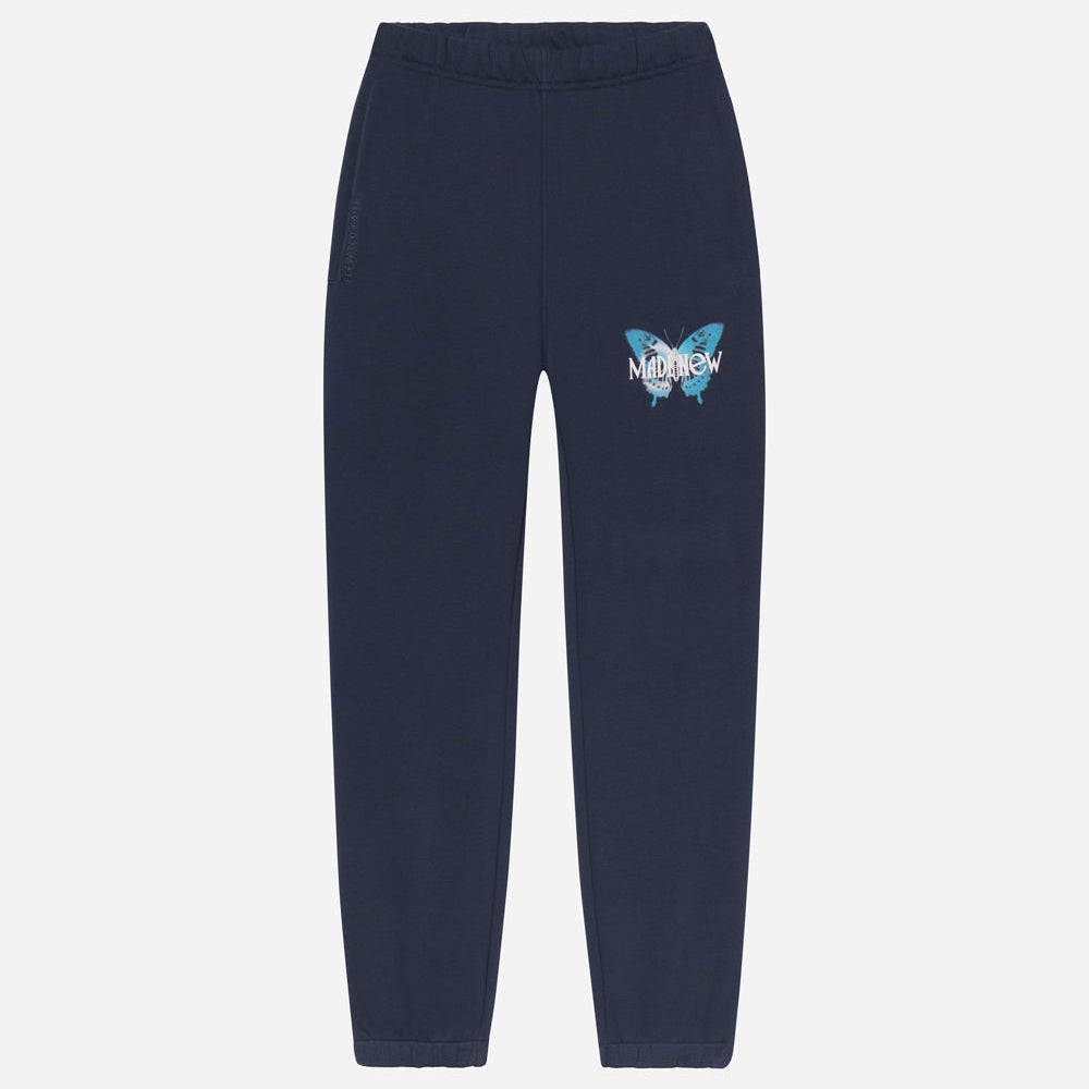 Navy blue sweatpants with a butterfly logo on a white background