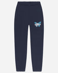 Navy blue sweatpants with a butterfly logo on a white background