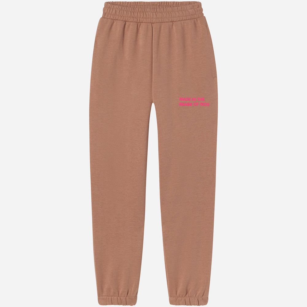 Brown sweatpants with a pink logo on a white background