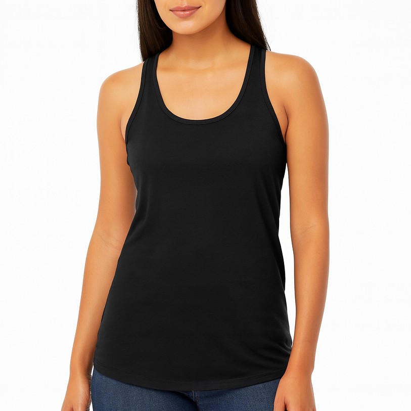 White female model wearing a black Next Level N1533 Women’s Racerback Tank on a white background — lightweight cotton blend tank ideal for custom printing by Lumiere Vive.