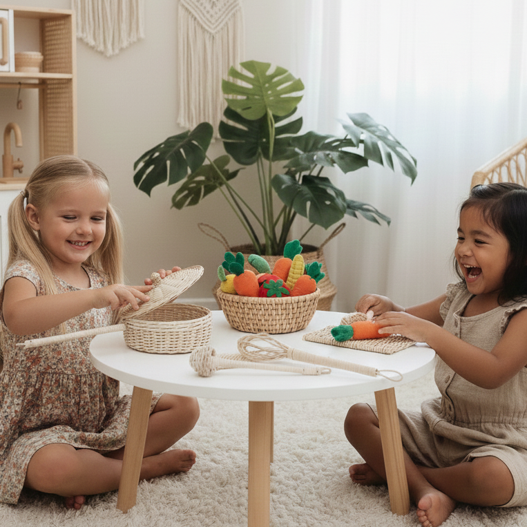 Two young girls playing with toys in a room with a white table and plants.