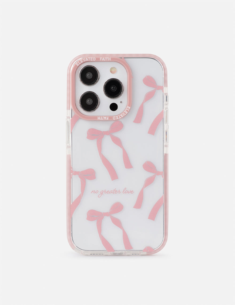 No Greater Love iPhone case featuring pink ribbon bows, delicate lettering, and a pink border.