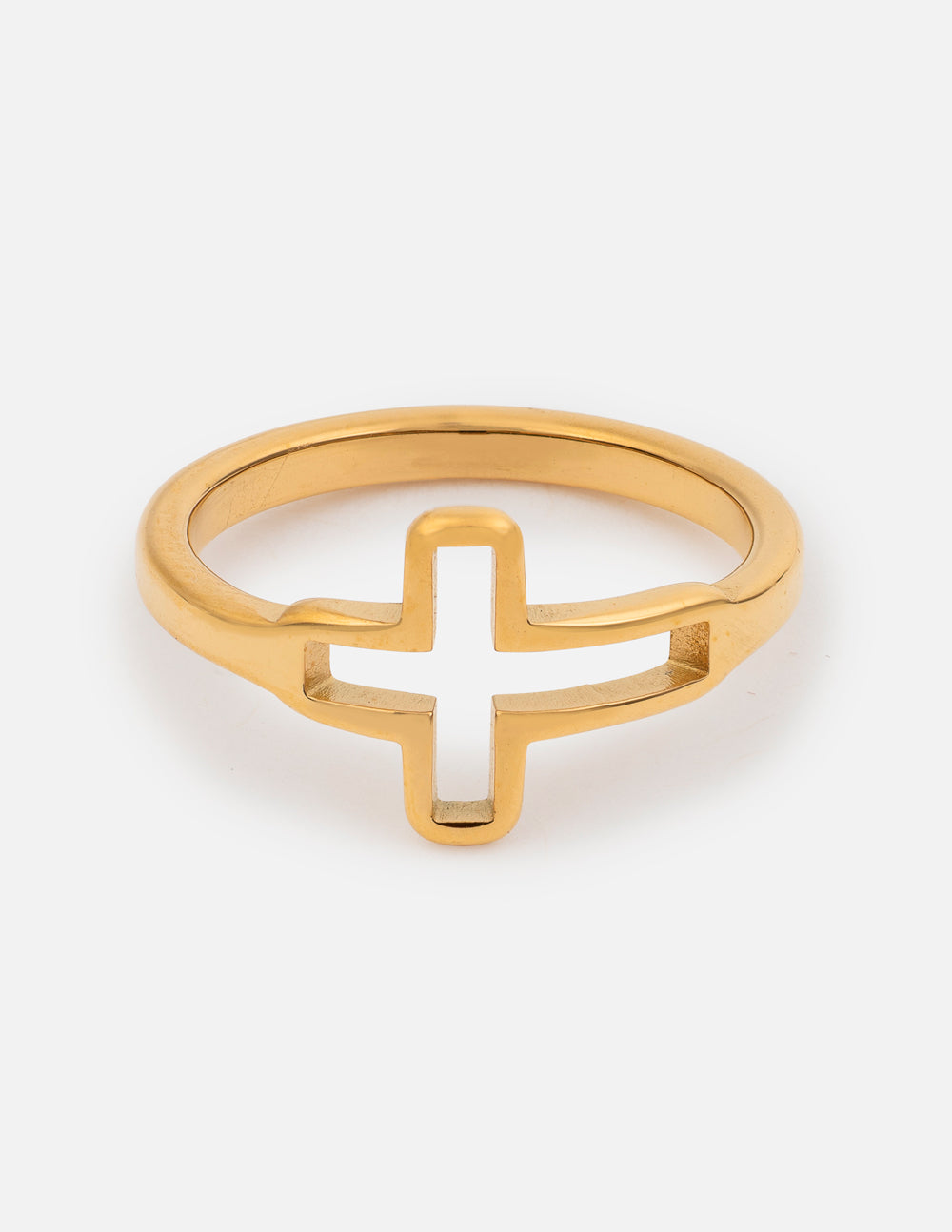 Open Cross Gold-Tone Ring with a slim band and outlined cross on a white background