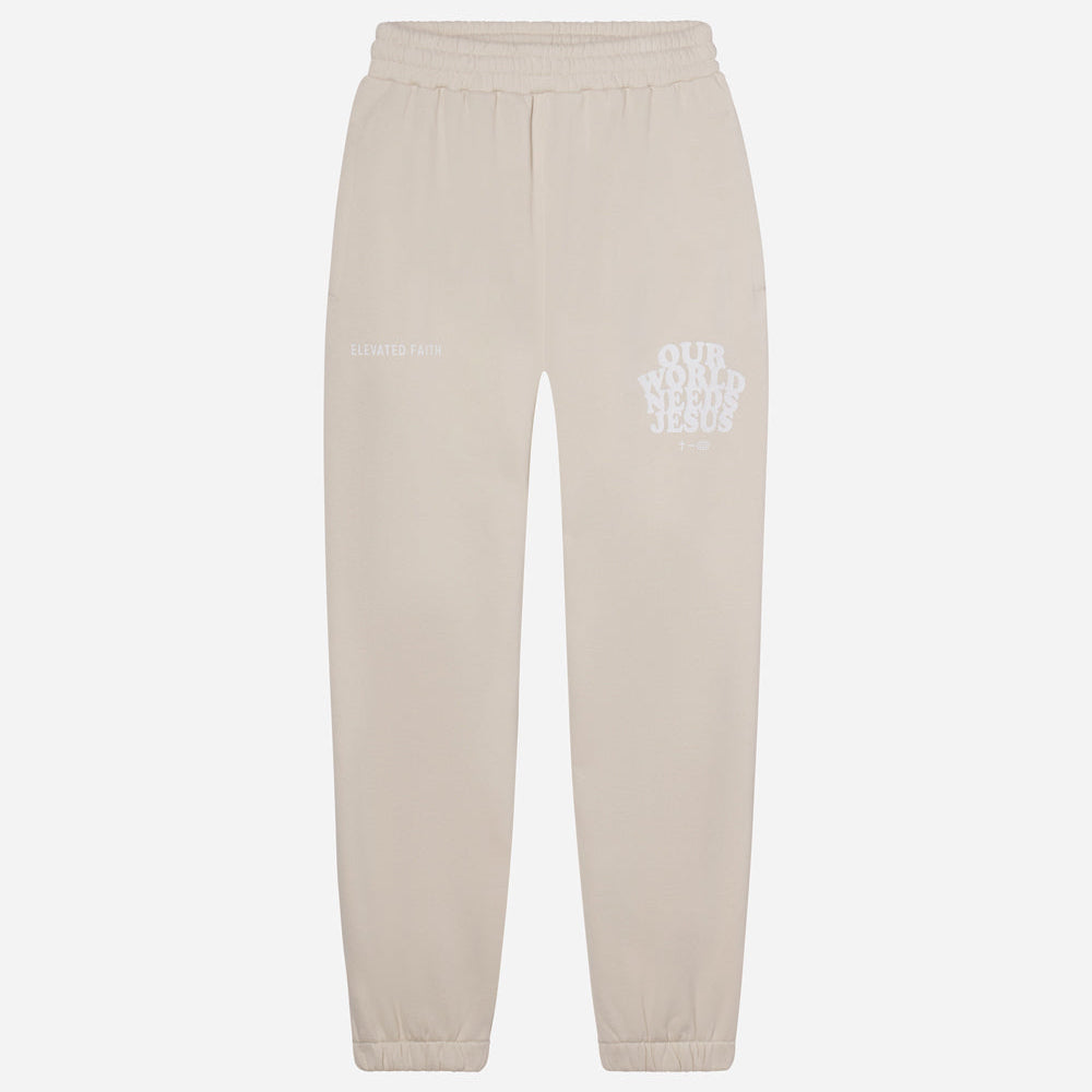 Beige sweatpants with a logo on a white background