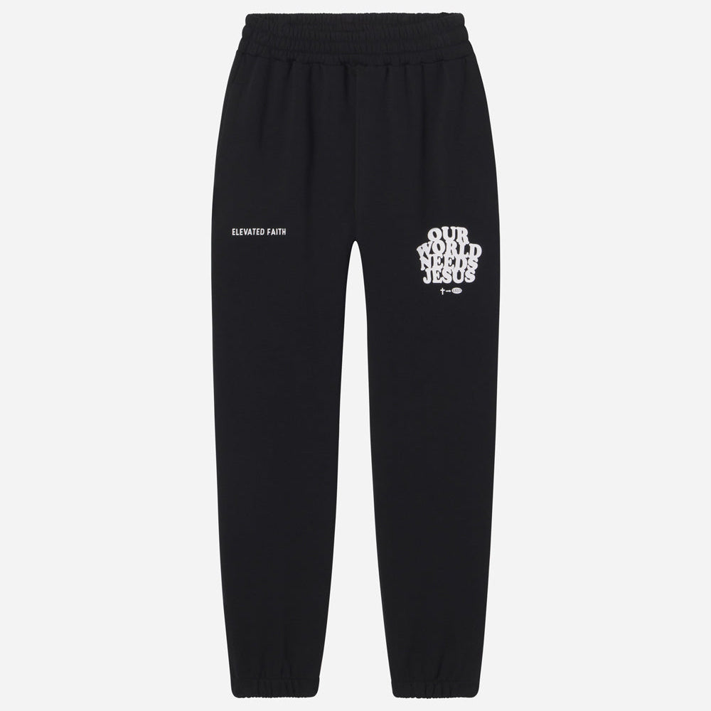 Black sweatpants with white text on a light gray background