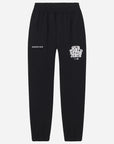 Black sweatpants with white text on a light gray background