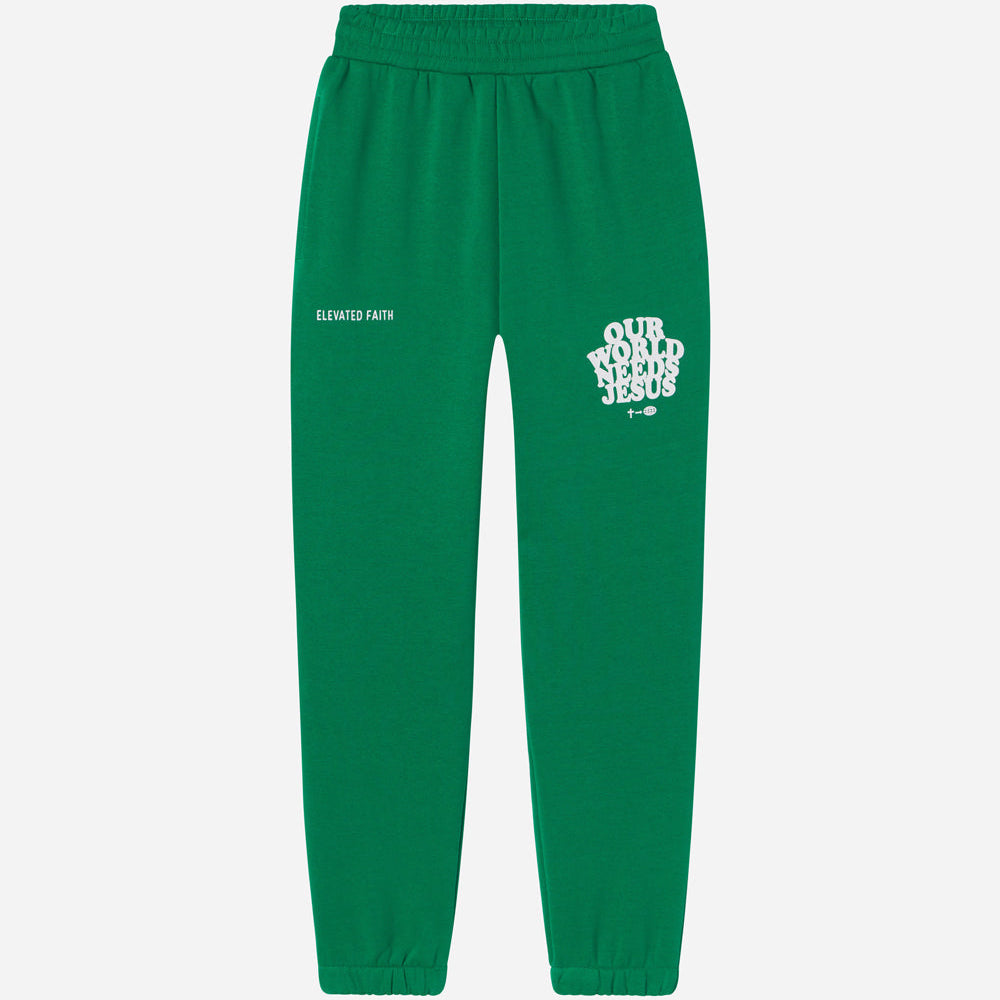 Green sweatpants with white text on a white background