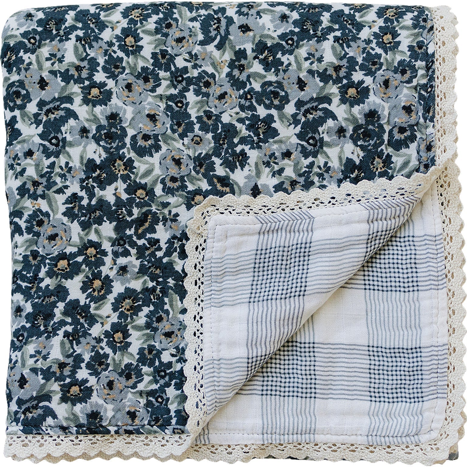 Floral patterned blanket with a checkered reverse side and lace trim