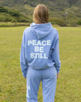 Back view of the Mountain Bluebird hoodie with large white Peace Be Still lettering.