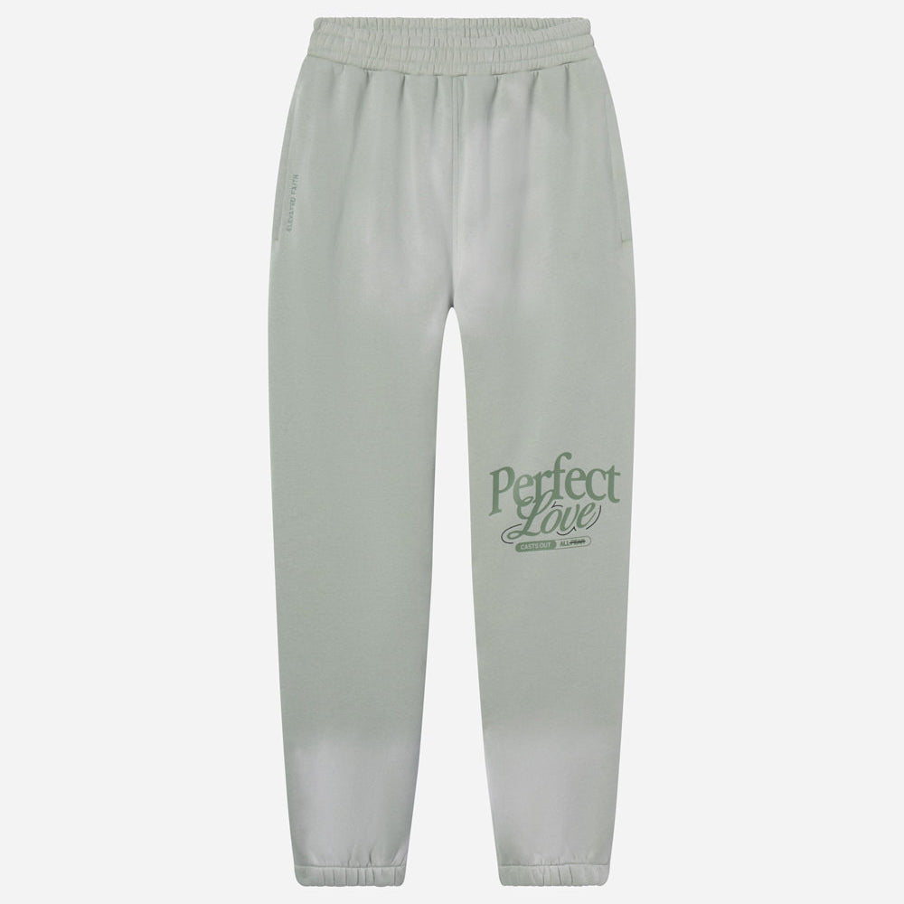 Light gray sweatpants with 'Perfect Love' text on a white background